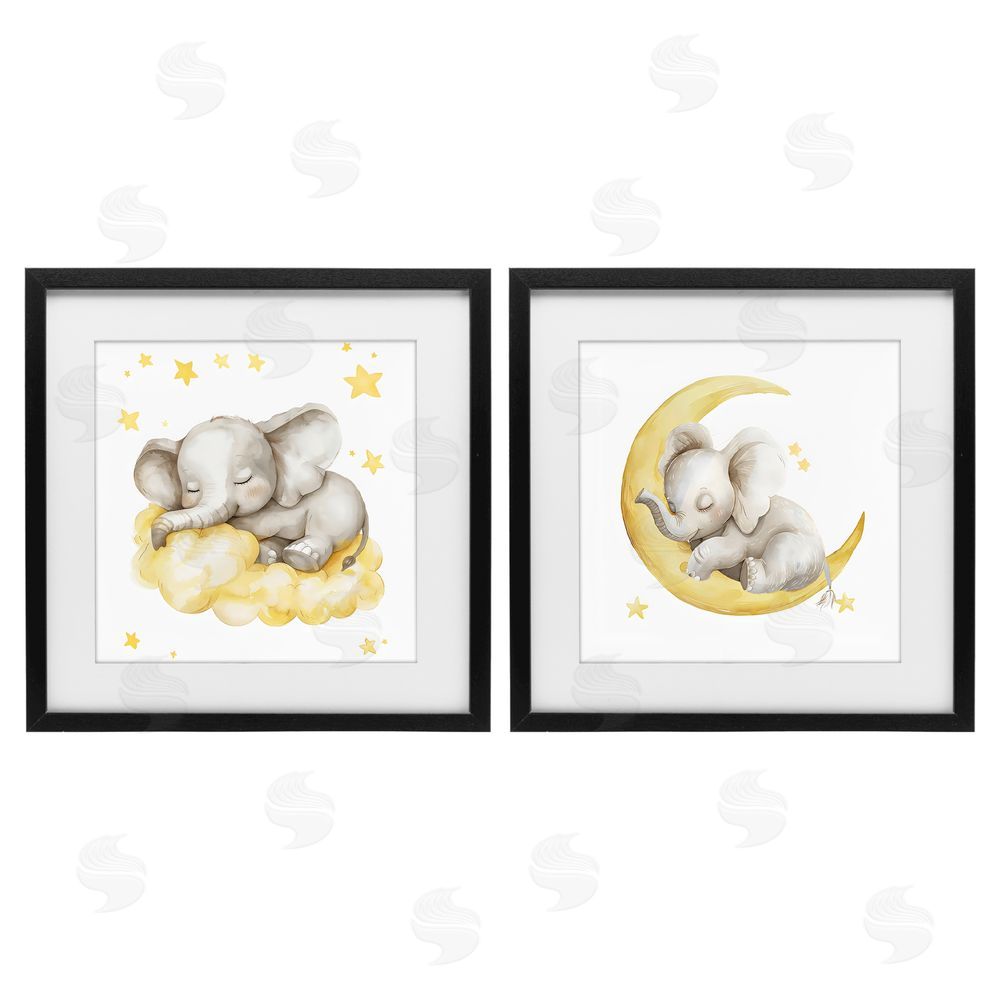 LSR Design Studio Sleeping Elephant Moon and Clouds Black Framed Print Under Glass with White Mat Wall Art