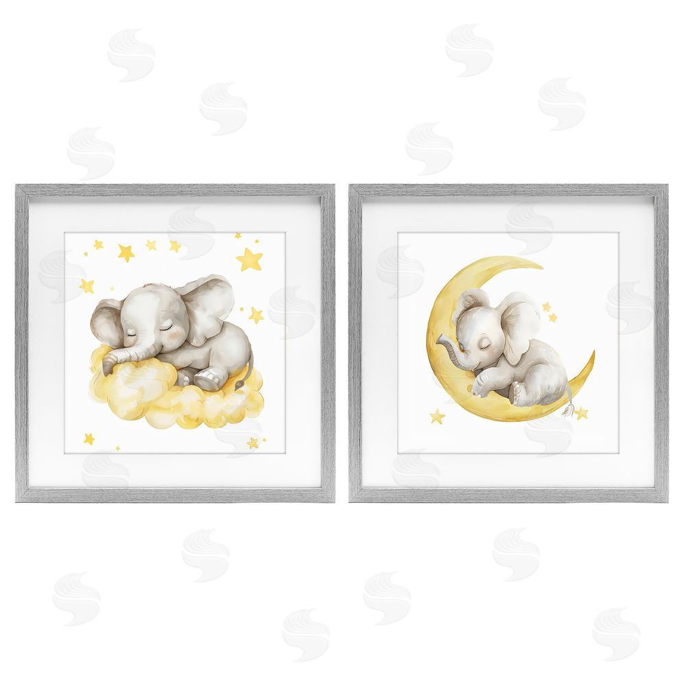 LSR Design Studio Sleeping Elephant Moon and Clouds Gray Framed Print Under Glass with White Mat Wall Art
