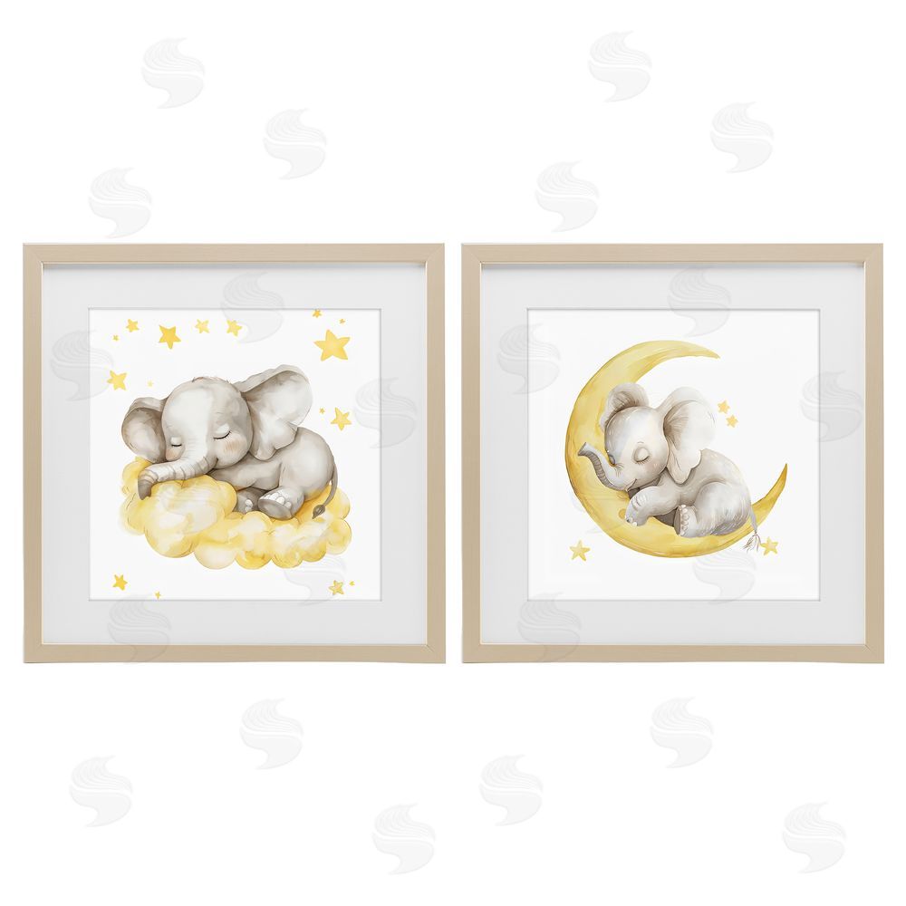 LSR Design Studio Sleeping Elephant Moon and Clouds Brown Framed Print Under Glass with White Mat Wall Art