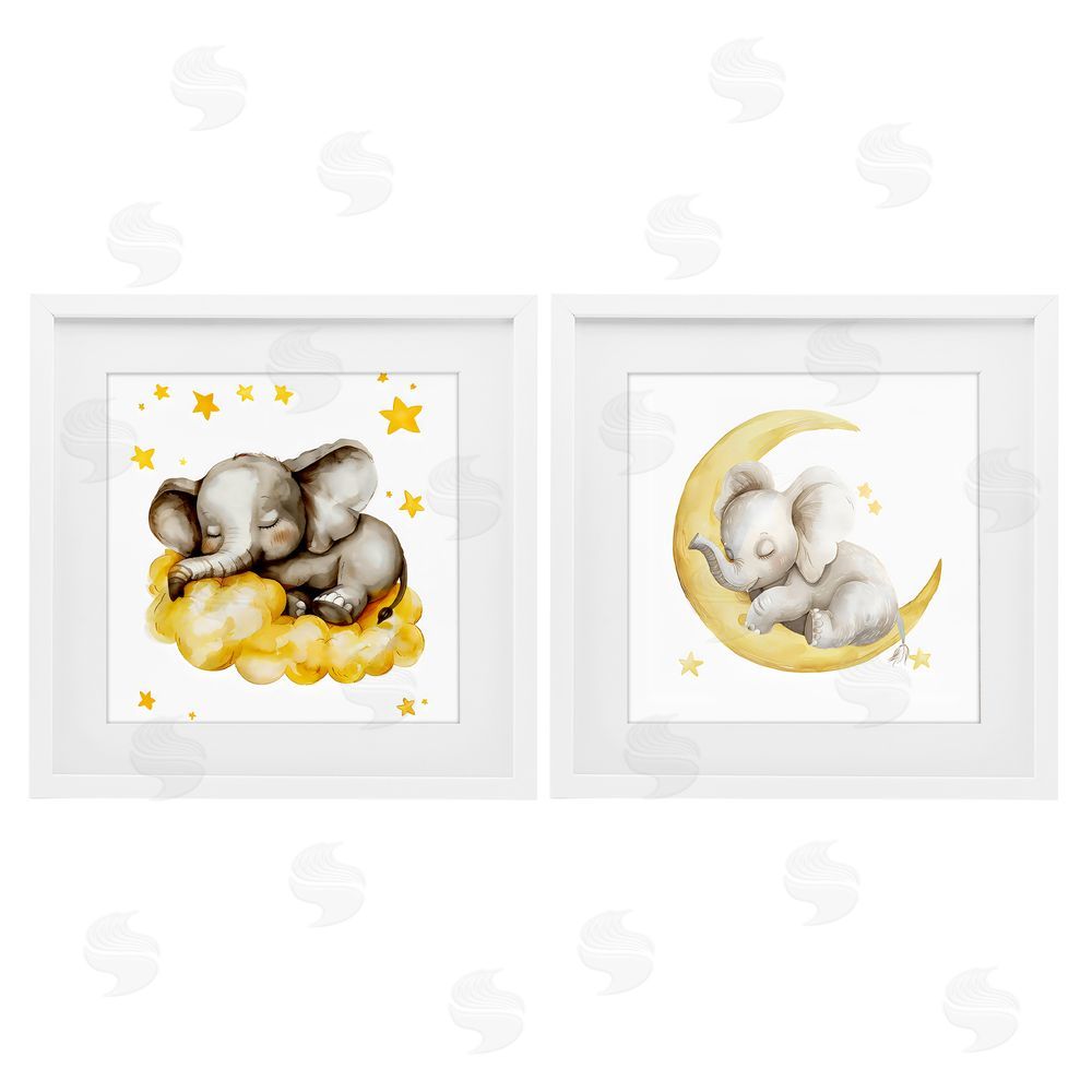 LSR Design Studio Sleeping Elephant Moon and Clouds White Framed Print Under Glass with White Mat Wall Art