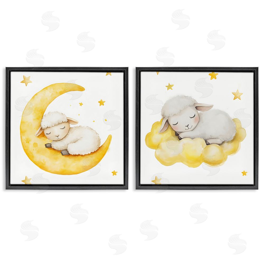 LSR Design Studio Sleeping Sheep Cloud and Moon Black Floating Framed Canvas Wall Art Print