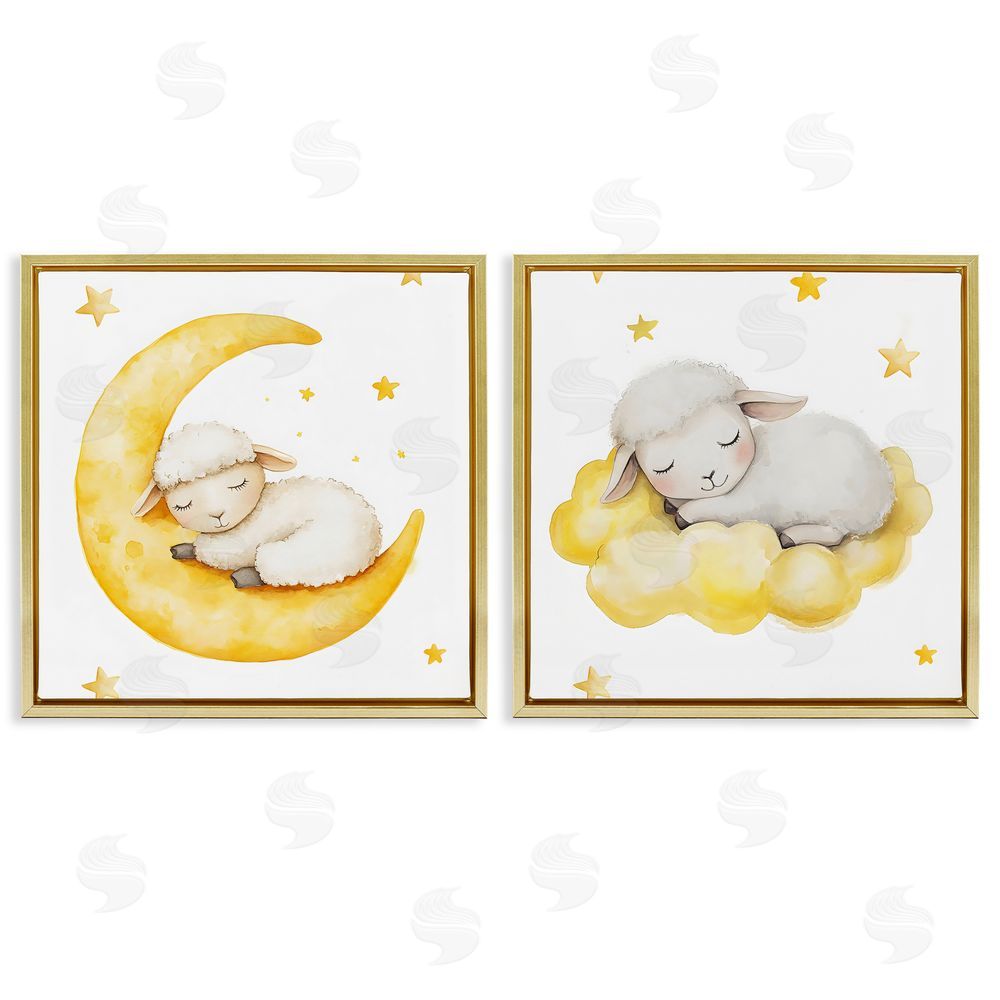 LSR Design Studio Sleeping Sheep Cloud and Moon Gold Floating Framed Canvas Wall Art Print