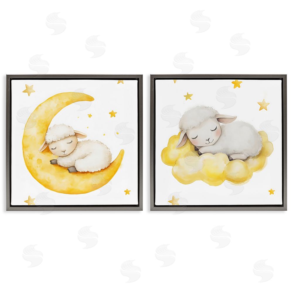 LSR Design Studio Sleeping Sheep Cloud and Moon Gray Floating Framed Canvas Wall Art Print