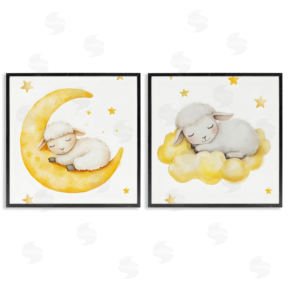 LSR Design Studio Sleeping Sheep Cloud and Moon Black Framed Giclee Wall Art Print