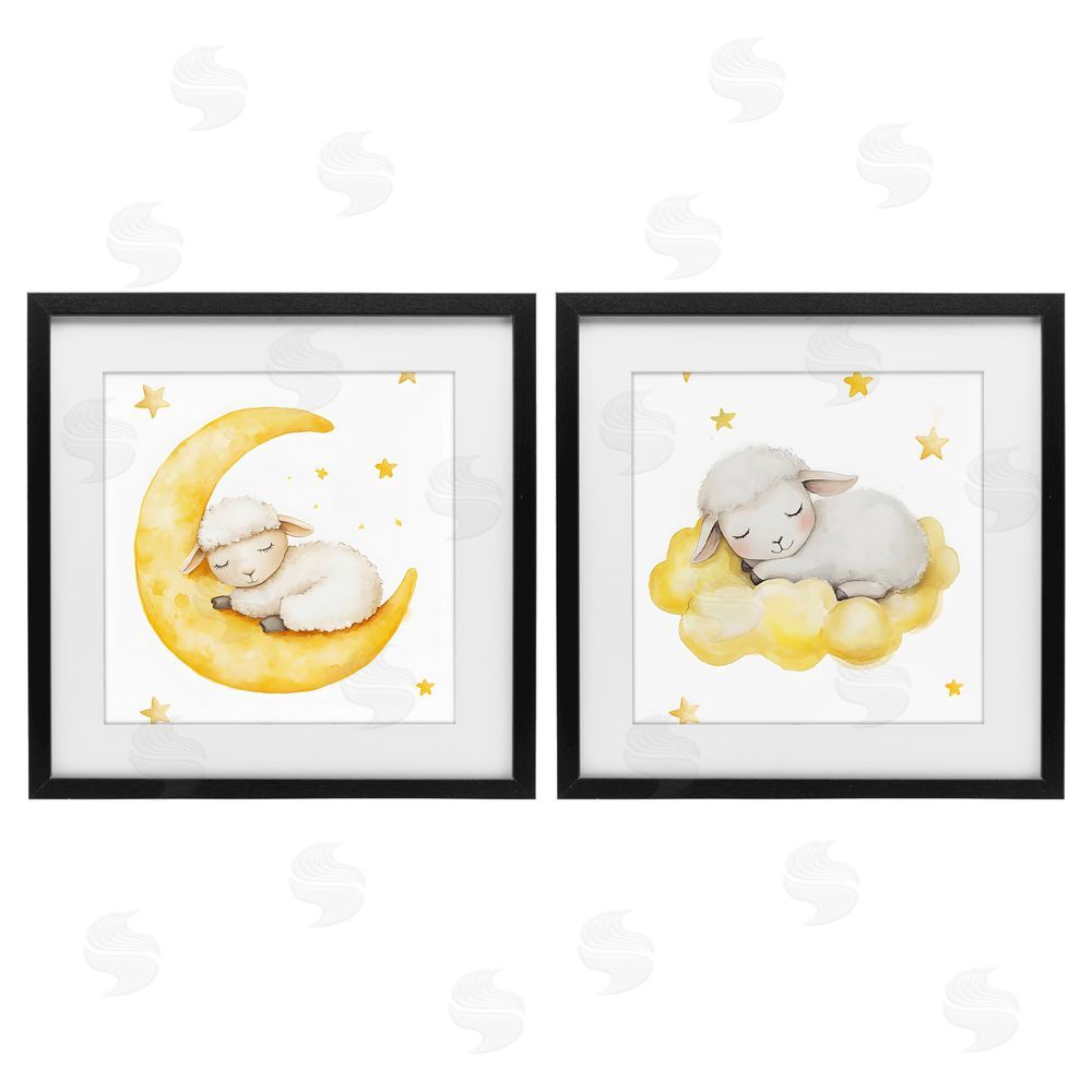 LSR Design Studio Sleeping Sheep Cloud and Moon Black Framed Print Under Glass with White Mat Wall Art