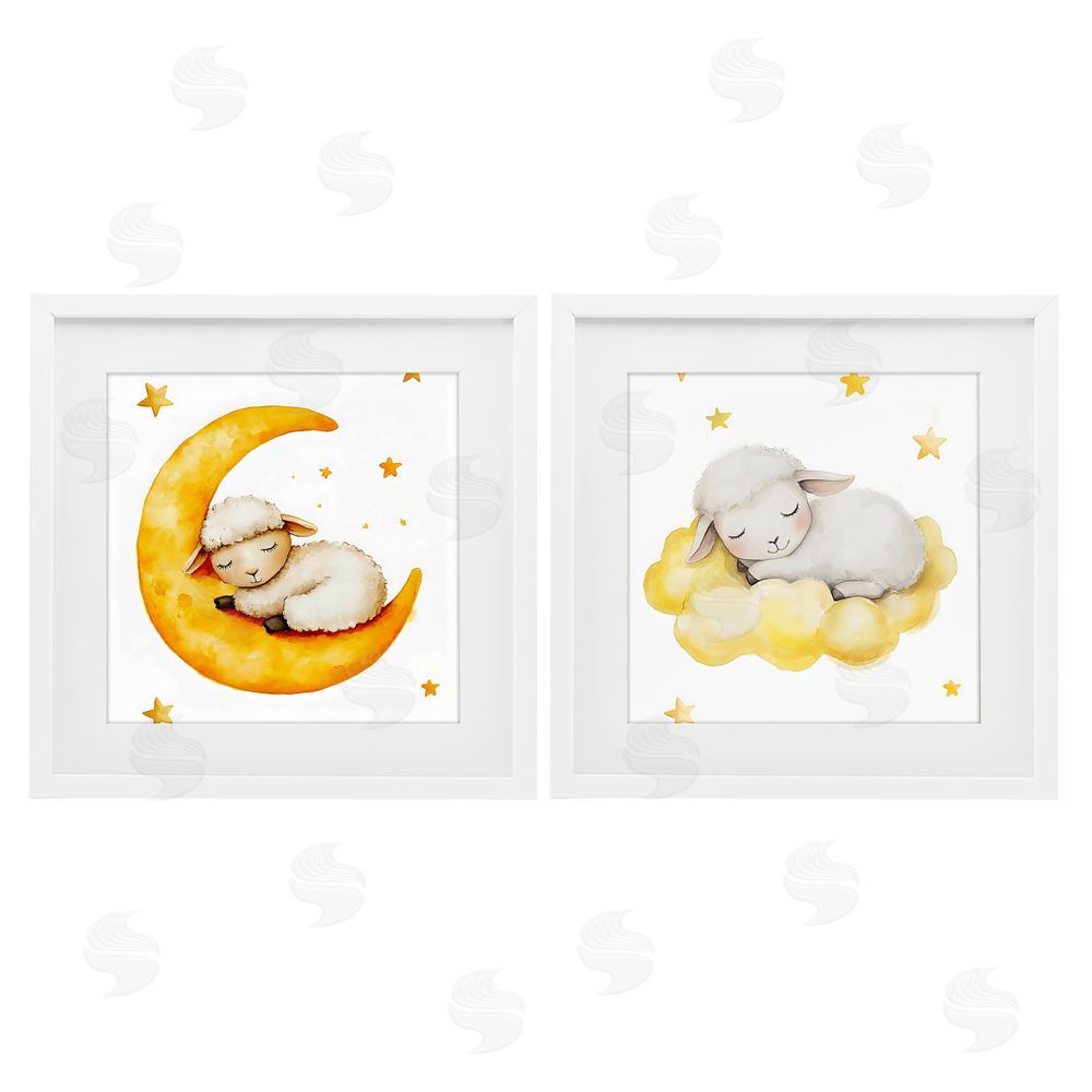 LSR Design Studio Sleeping Sheep Cloud and Moon White Framed Print Under Glass with White Mat Wall Art
