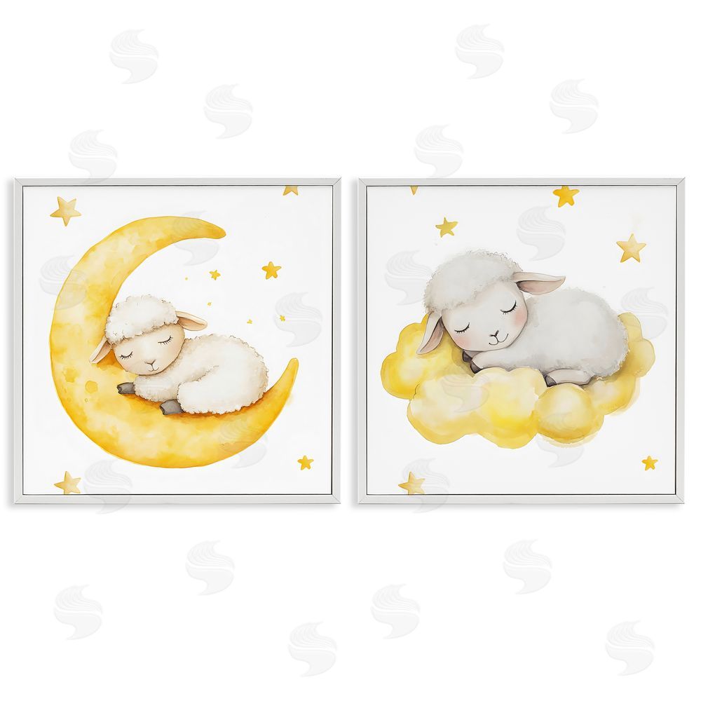 LSR Design Studio Sleeping Sheep Cloud and Moon White Framed Giclee Wall Art Print