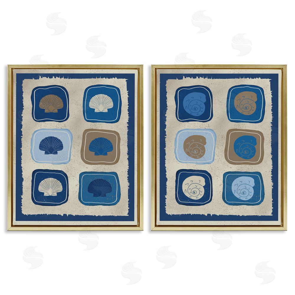 Julia Frost Blue Blocked Seashells Gold Floating Frame Canvas Wall Art Print