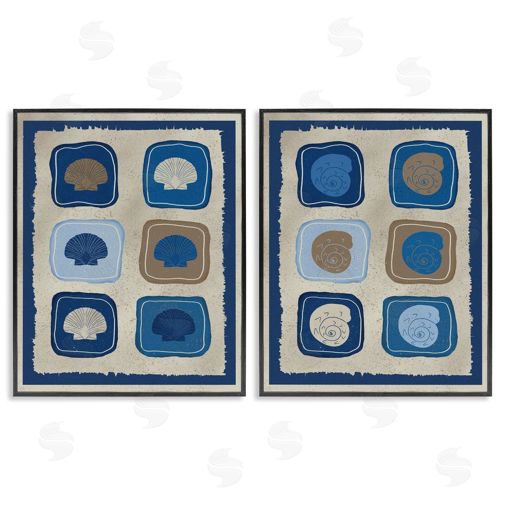 Julia Frost Blue Blocked Seashells Black Framed Giclee Wall Art Print