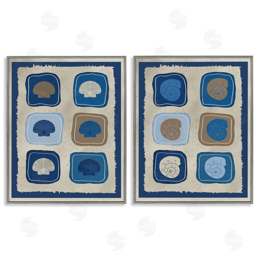 Julia Frost Blue Blocked Seashells Gray Framed Giclee Wall Art Print