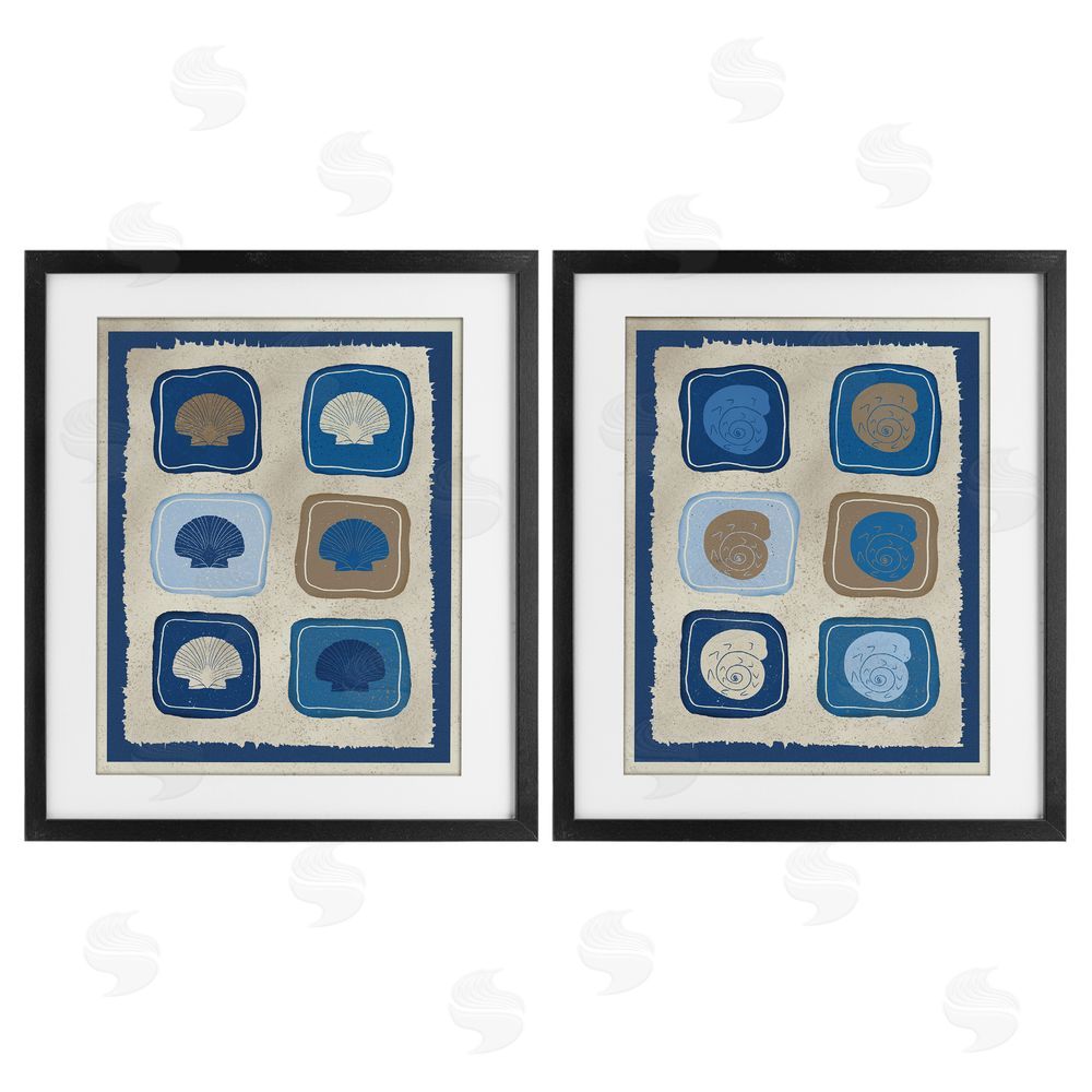 Julia Frost Blue Blocked Seashells Black Framed Print Under Glass Wall Art