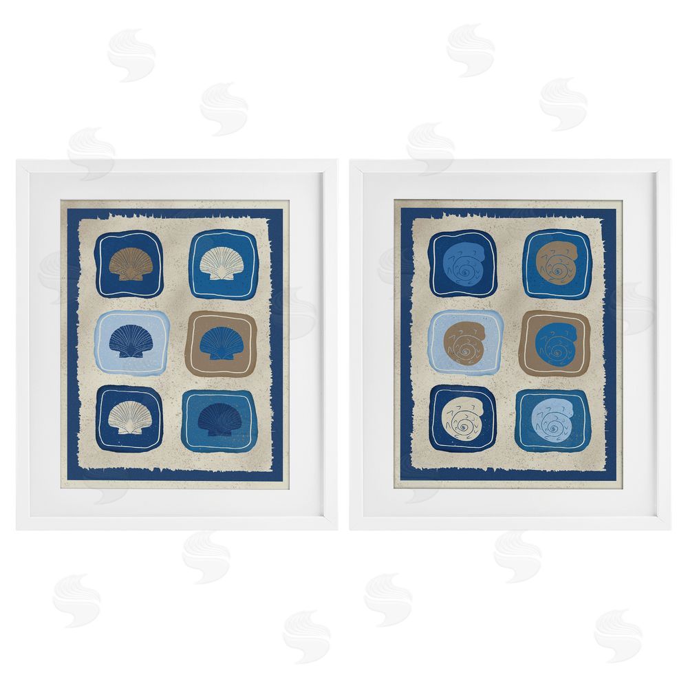 Julia Frost Blue Blocked Seashells White Framed Print Under Glass Wall Art