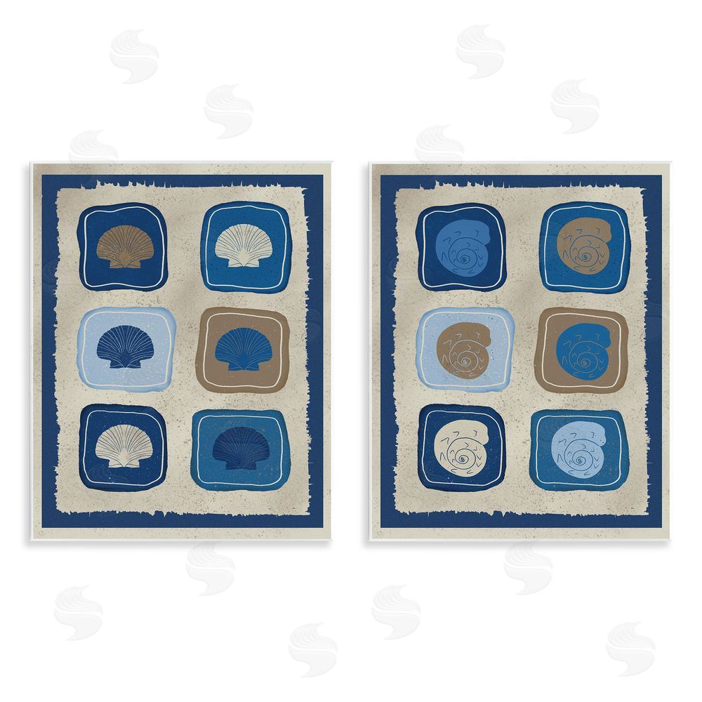 Julia Frost Blue Blocked Seashells Wooden Wall Plaque Art Print