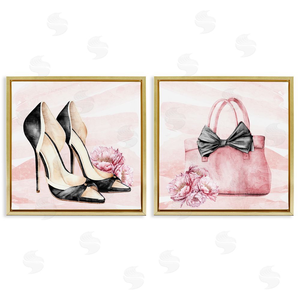 Kim Allen Rosy Glam Time Shoes Gold Floating Frame Canvas Wall Art Print