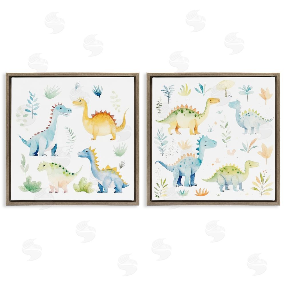 Lazar Studio Playful Dinosaur Wonders Brown Floating Framed Canvas Wall Art