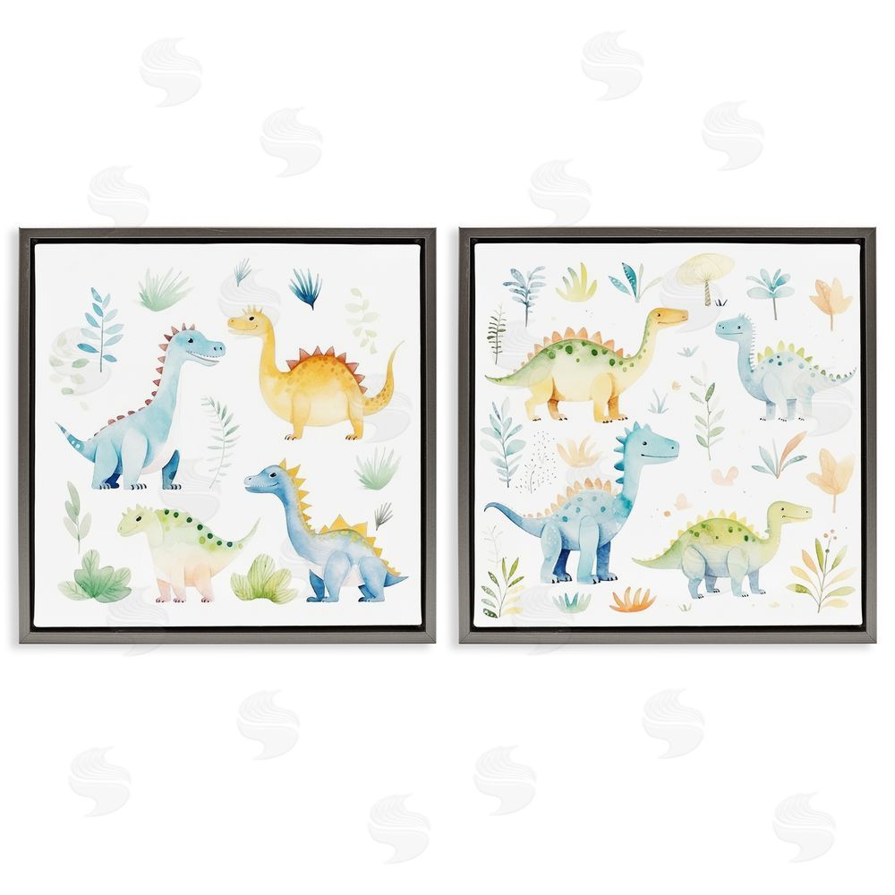 Lazar Studio Playful Dinosaur Wonders Gray Floating Framed Canvas Wall Art