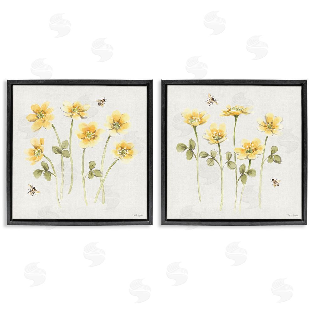 Beth Grove Sweet Honey Flowers & Bees Black Floating Framed Canvas Wall Art Print