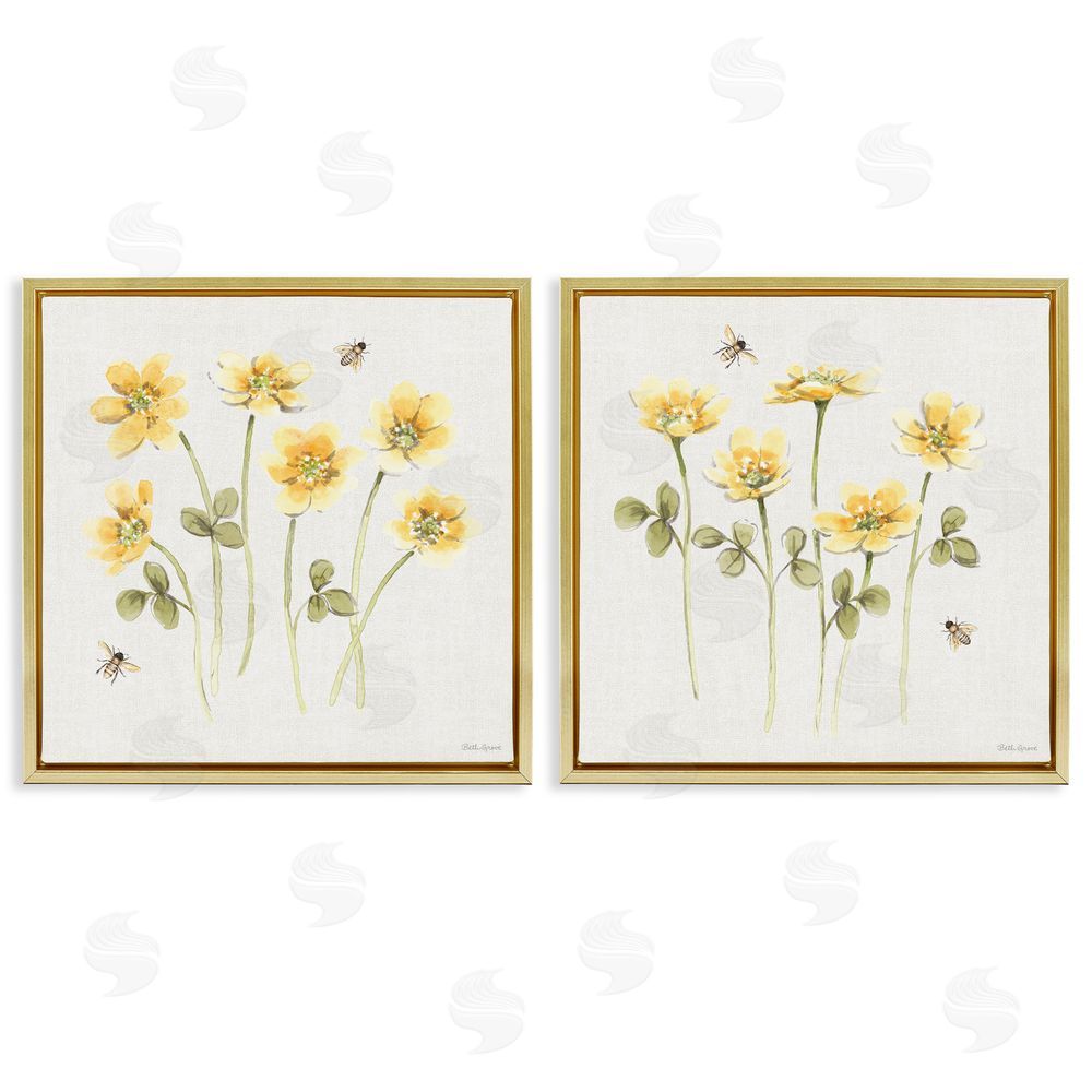 Beth Grove Sweet Honey Flowers & Bees Gold Floating Framed Canvas Wall Art Print