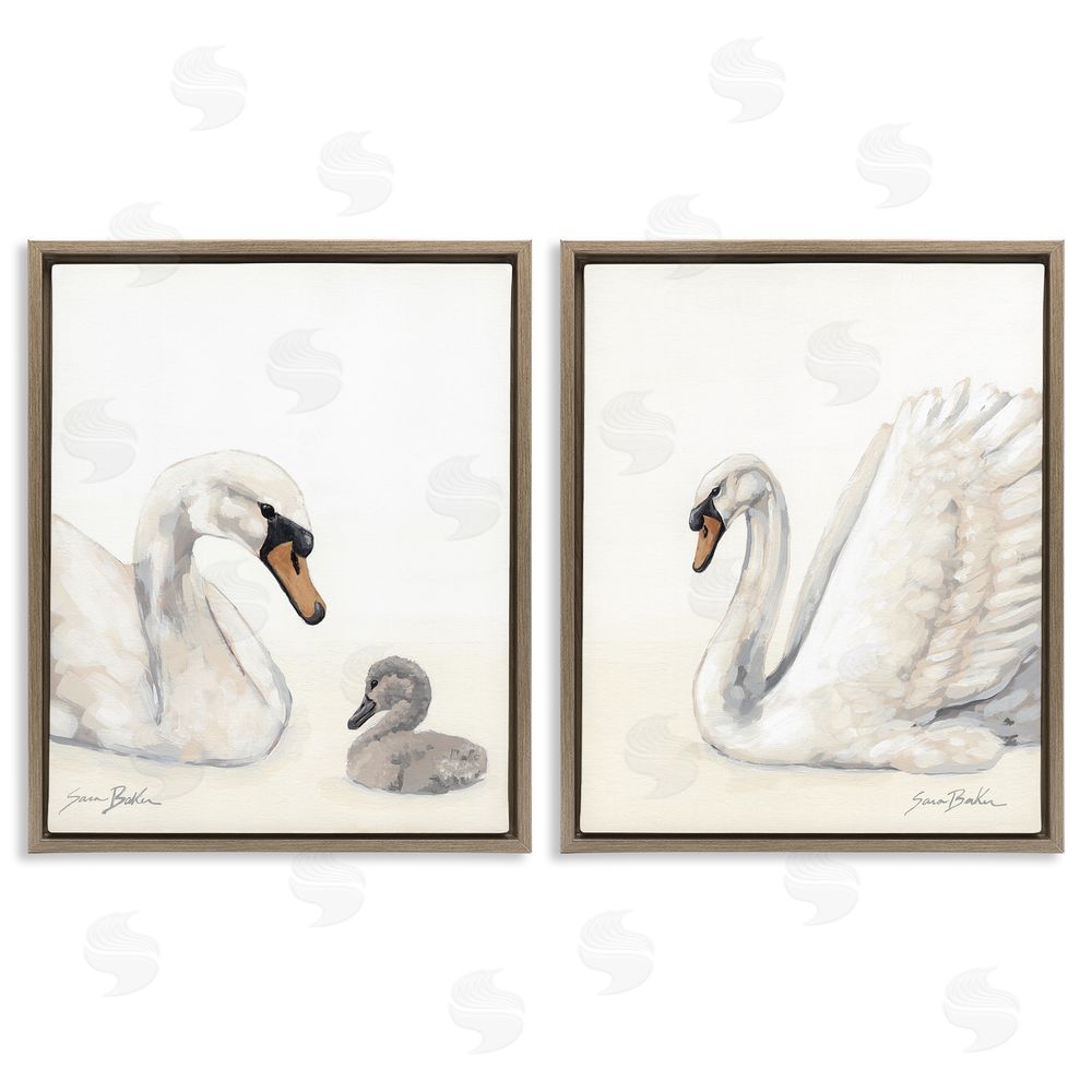 Sara Baker Graceful Swan & Cygnet Brown Floating Framed Canvas Wall Art
