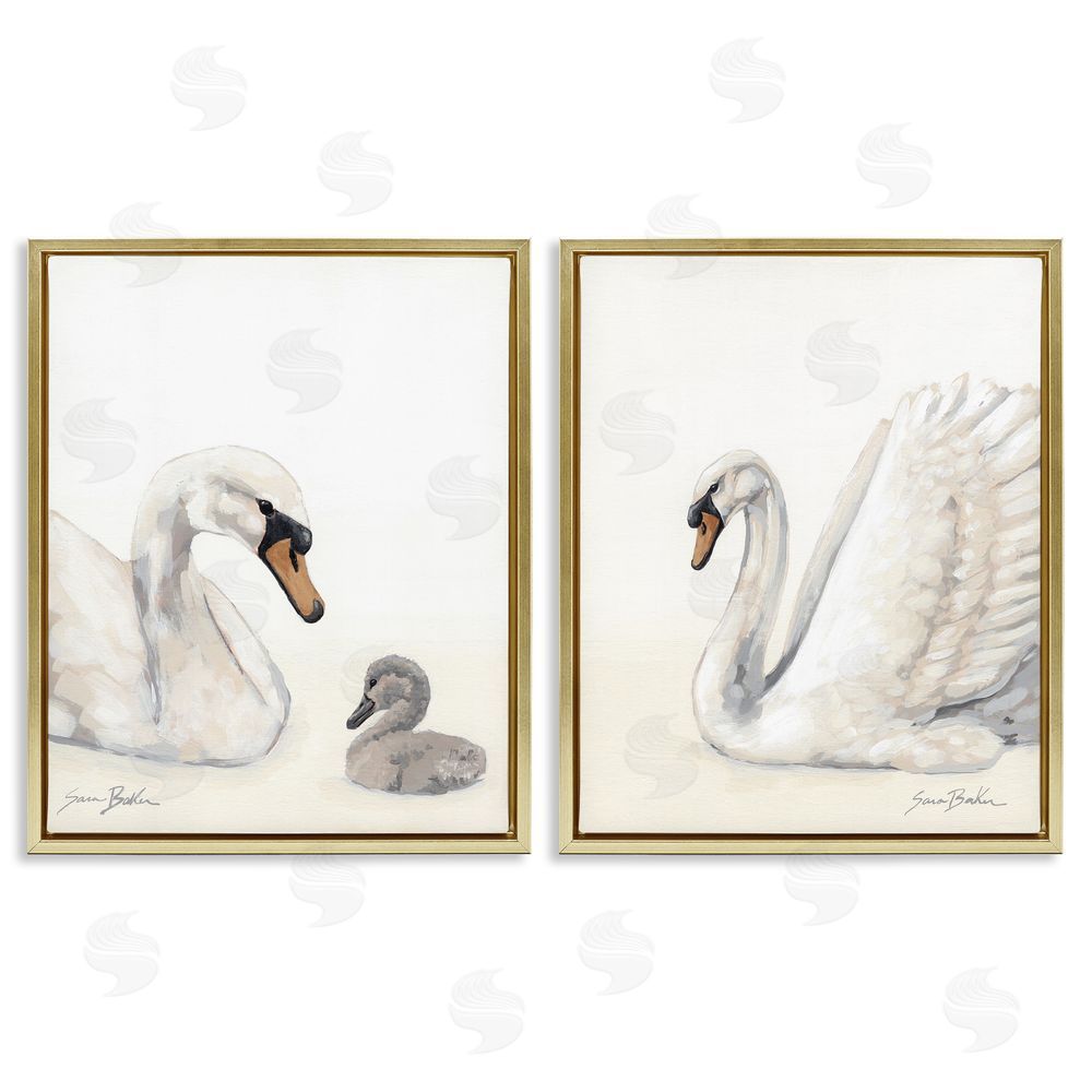 Sara Baker Graceful Swan & Cygnet Gold Floating Framed Canvas Wall Art