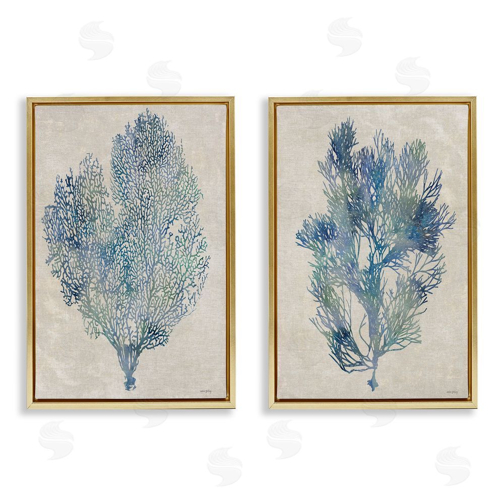 Amber Sterling Fan Coral Study in Blues Gold Floating Framed Canvas Wall Art
