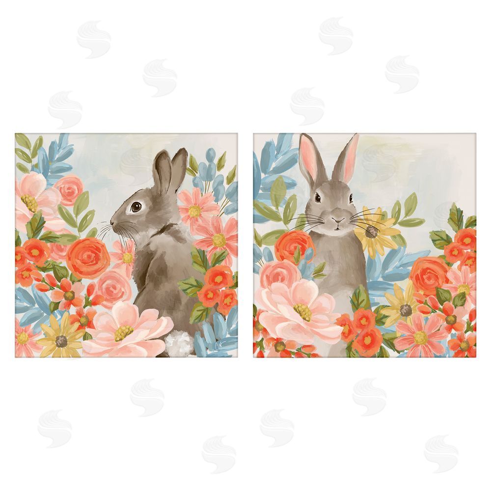 Cat Thurman Designs Bright Bunny Blooms Stretched Canvas Wall Art Print