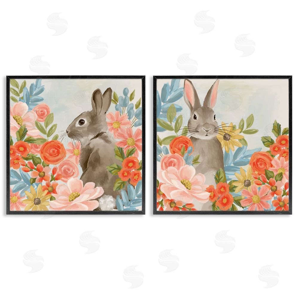 Cat Thurman Designs Bright Bunny Blooms Black Framed Giclee Wall Art Print