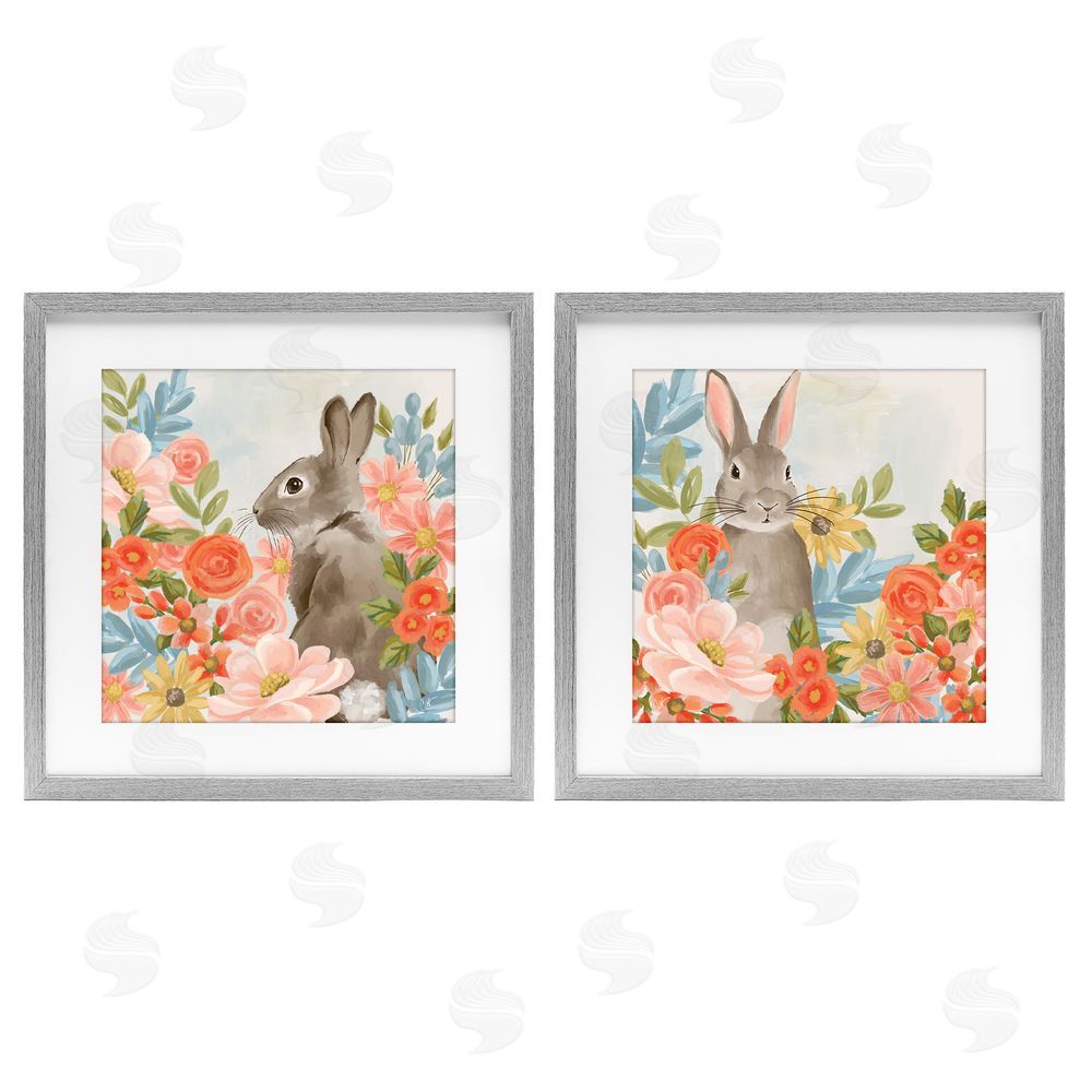 Cat Thurman Designs Bright Bunny Blooms Gray Framed Print Under Glass Wall Art