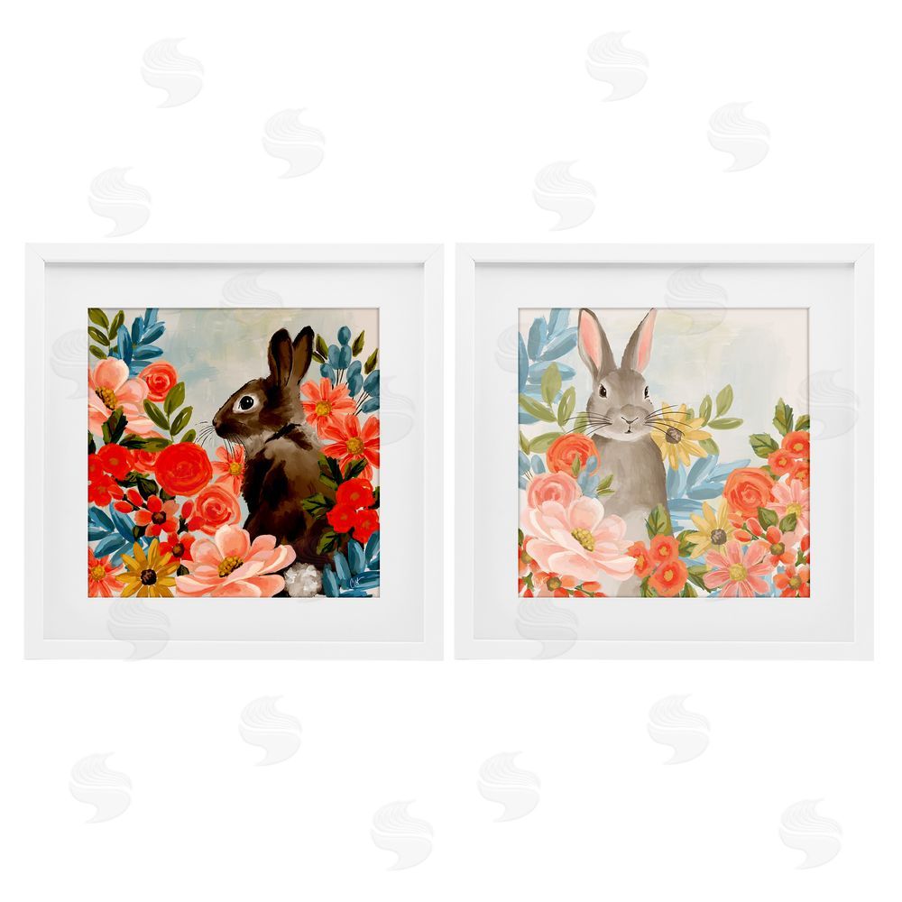 Cat Thurman Designs Bright Bunny Blooms White Framed Print Under Glass Wall Art