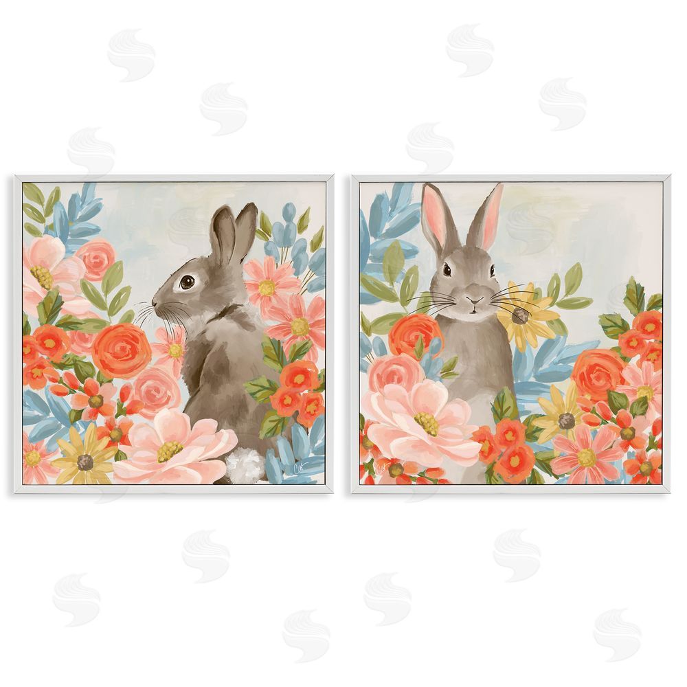 Cat Thurman Designs Bright Bunny Blooms White Framed Giclee Wall Art Print