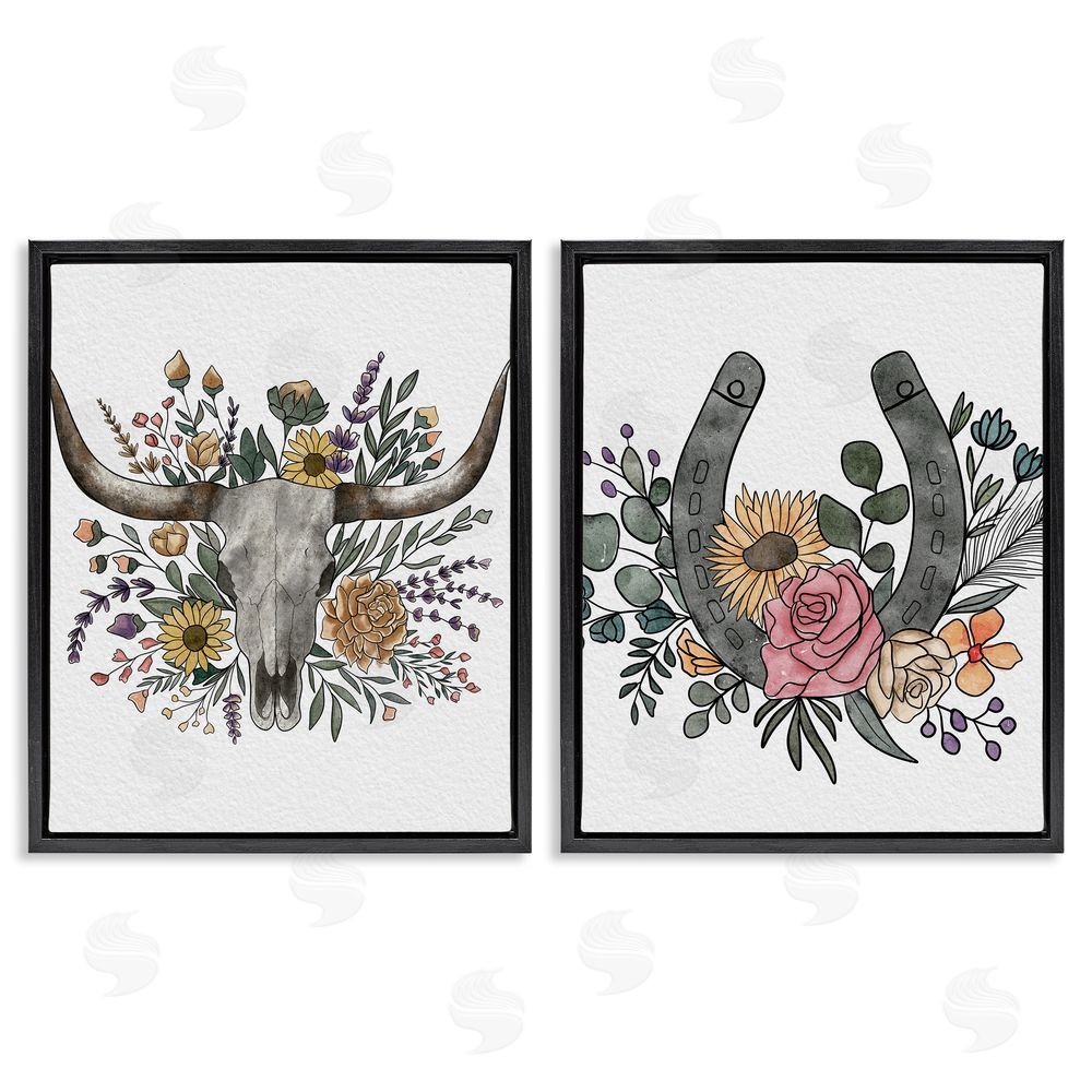 Alisha Kiara Design Boho Longhorn & Horseshoe Black Floating Frame Canvas Wall Art Print