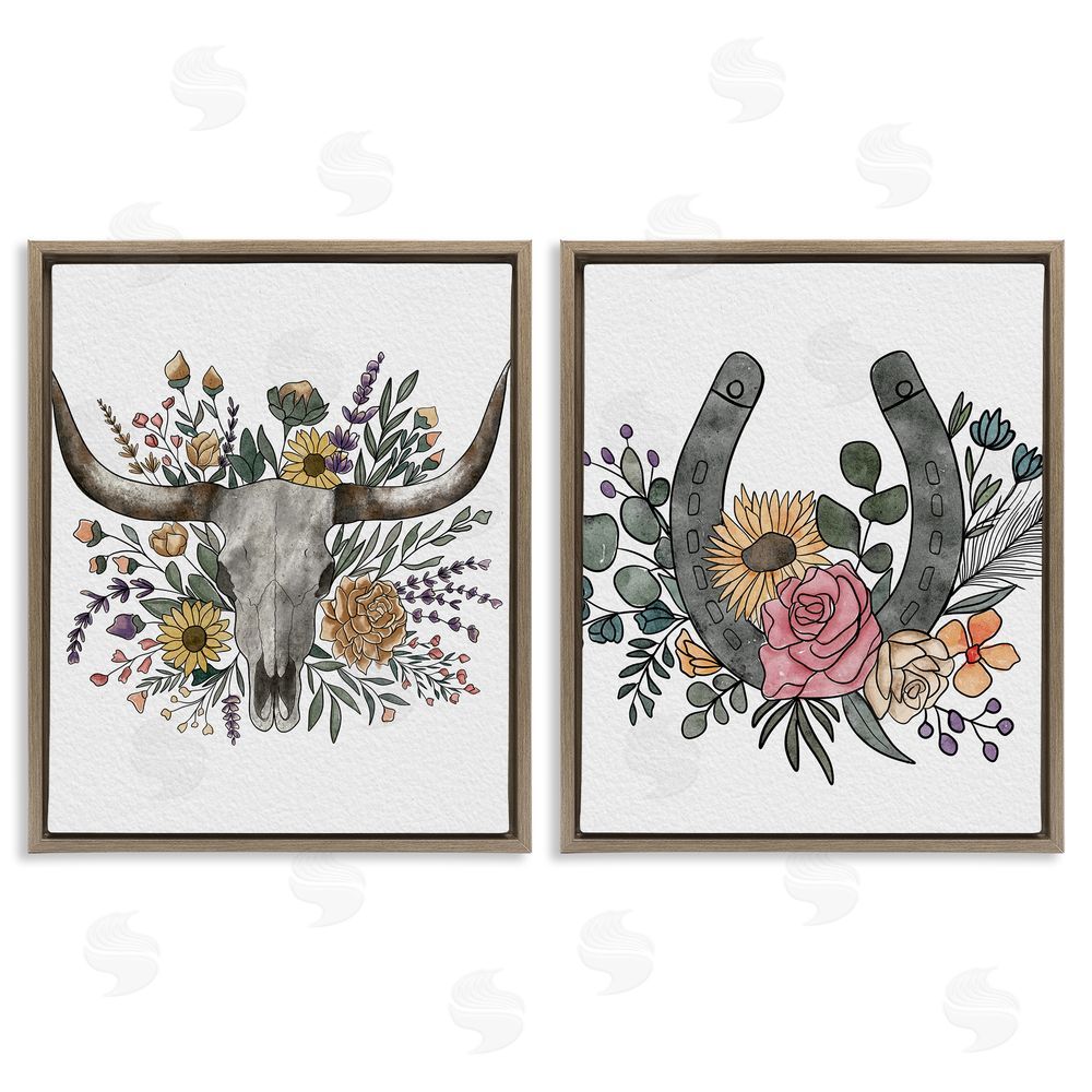 Alisha Kiara Design Boho Longhorn & Horseshoe Brown Floating Frame Canvas Wall Art Print