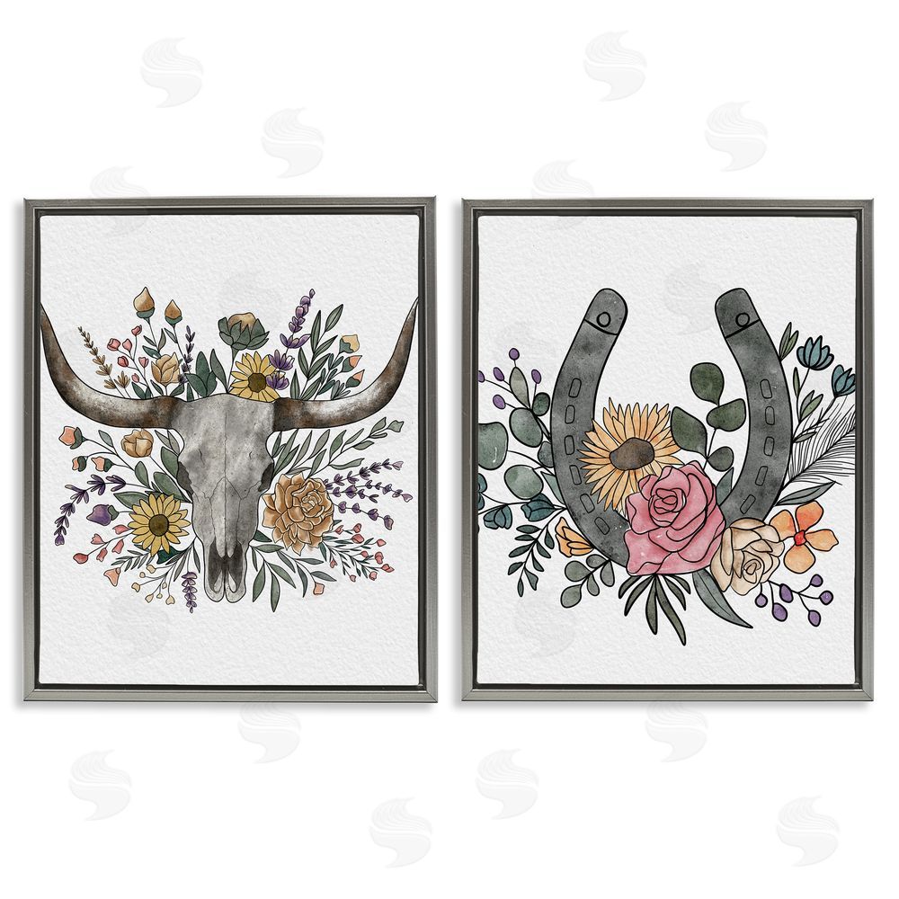Alisha Kiara Design Boho Longhorn & Horseshoe Gray Floating Frame Canvas Wall Art Print