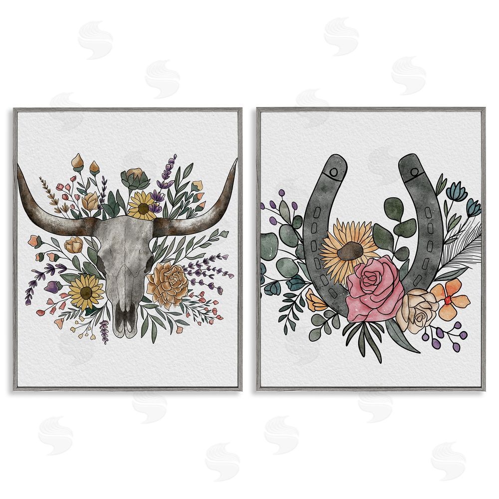 Alisha Kiara Design Boho Longhorn & Horseshoe Gray Framed Giclee Wall Art Print