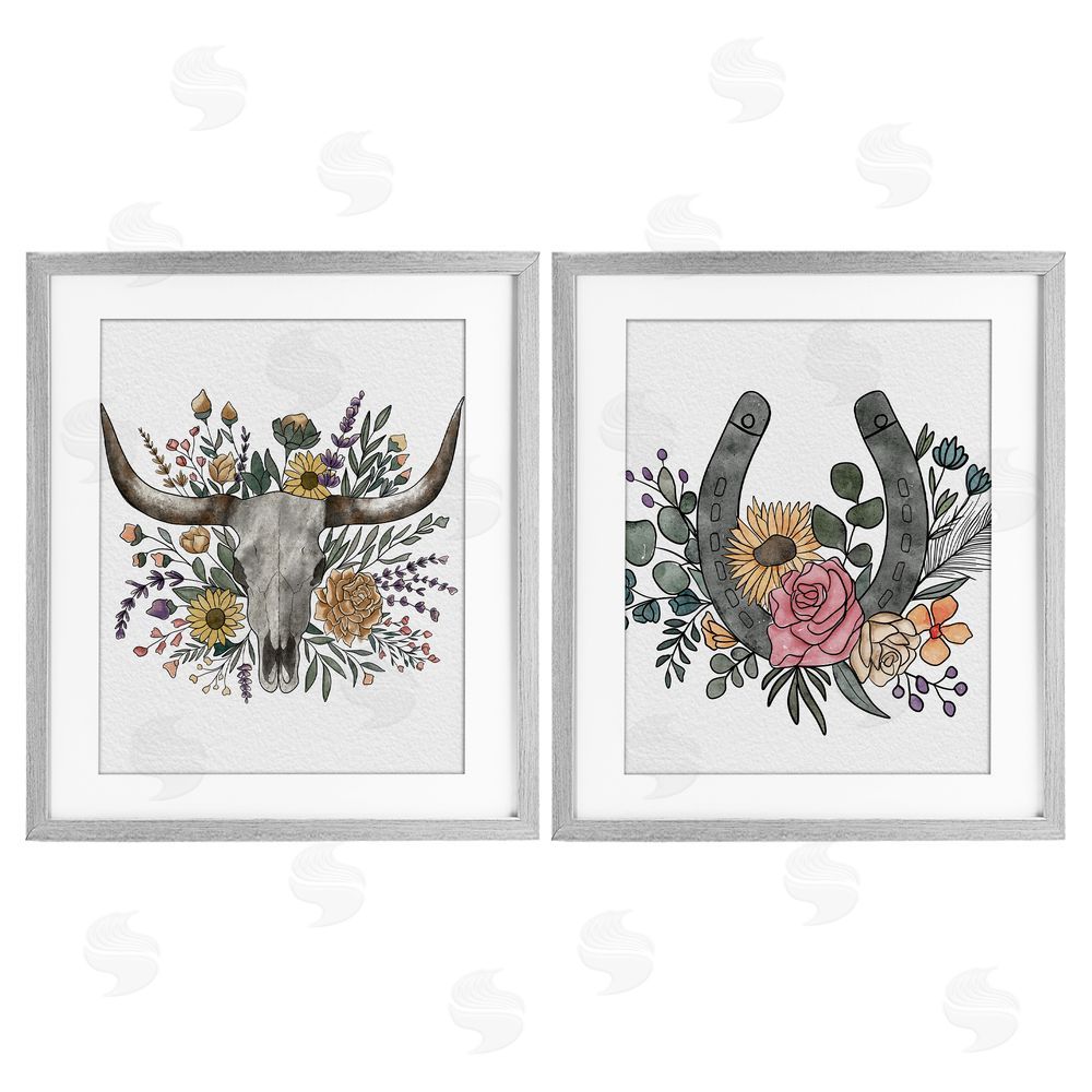 Alisha Kiara Design Boho Longhorn & Horseshoe Gray Framed Print Under Glass Wall Art