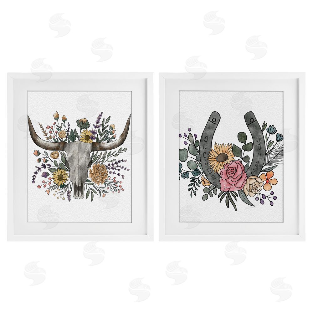 Alisha Kiara Design Boho Longhorn & Horseshoe White Framed Print Under Glass Wall Art