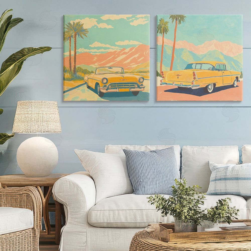 Walker Noble Classic Yellow Cars in Tropics Stretched Cavas Wall Art Set in Room