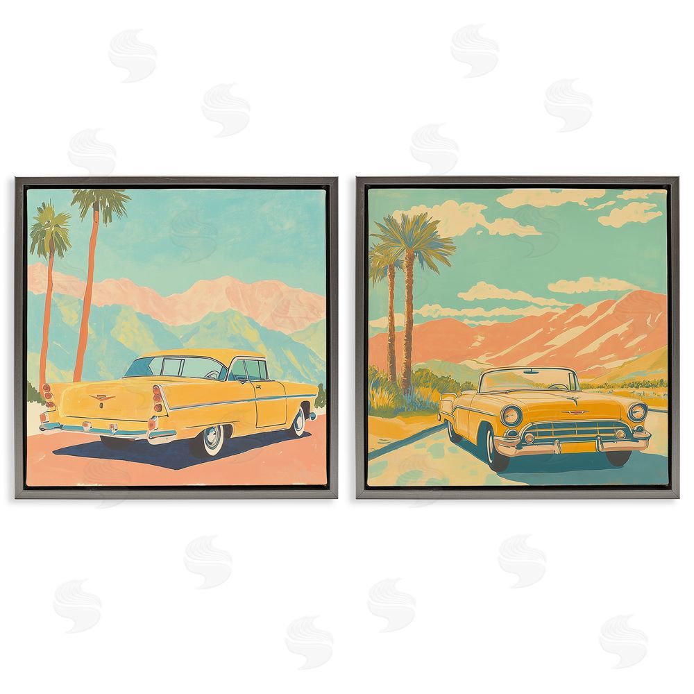 Walker Noble Classic Yellow Cars in Tropics Gray Floating Frame Canvas Wall Art Print