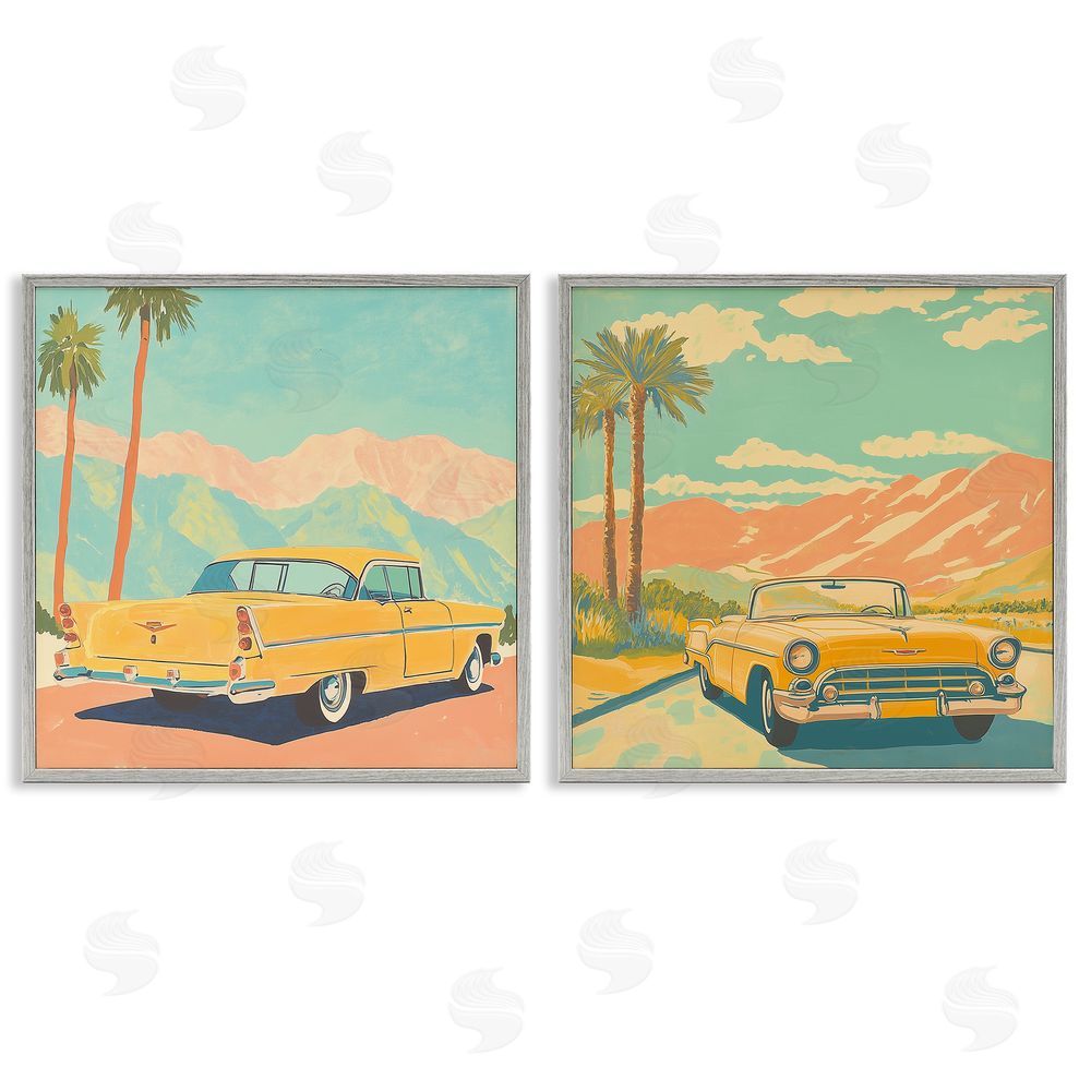 Walker Noble Classic Yellow Cars in Tropics Gray Framed Giclee Wall Art Print