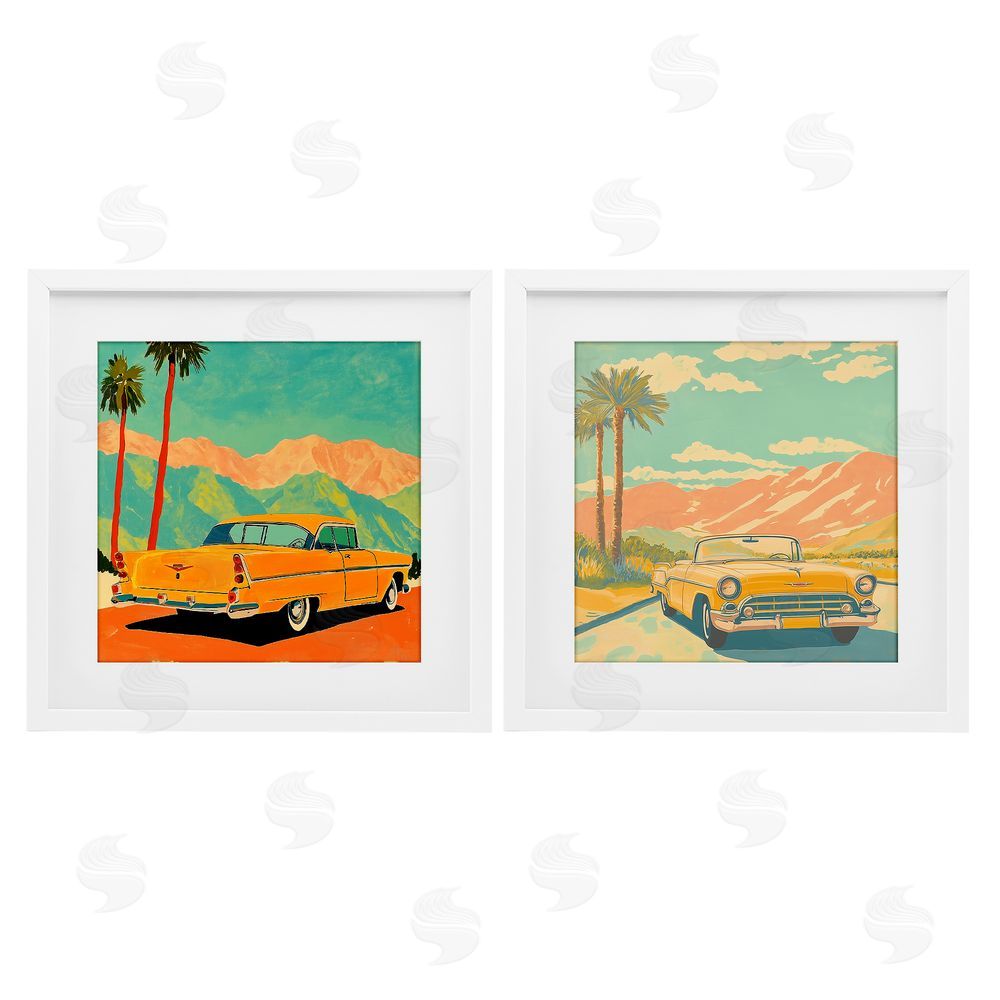 Walker Noble Classic Yellow Cars in Tropics White Framed Print Under Glass Wall Art