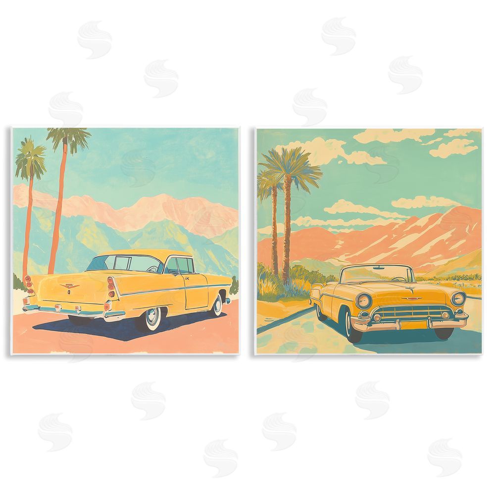 Walker Noble Classic Yellow Cars in Tropics Wooden Wall Plaque Art Print