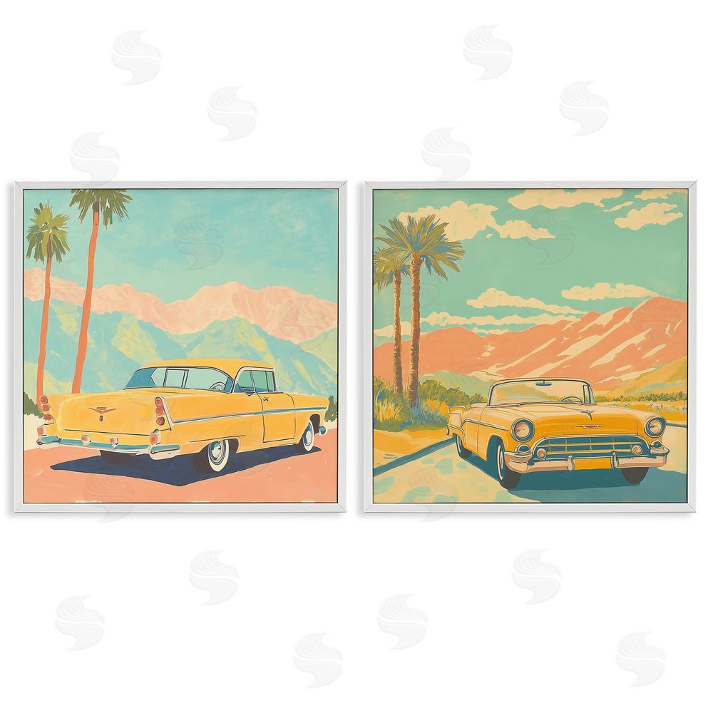 Walker Noble Classic Yellow Cars in Tropics White Framed Giclee Wall Art Print