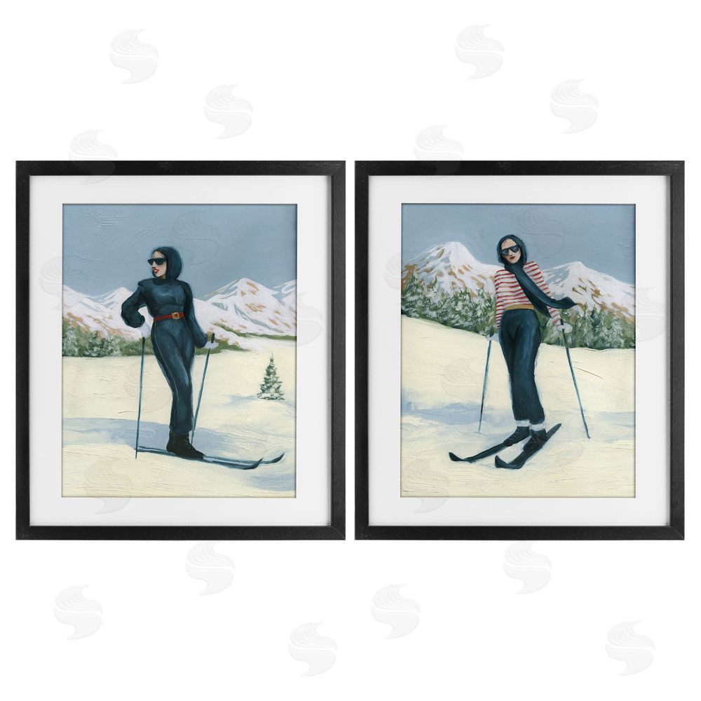 Grace Popp Winter Skiing Sisters Black Framed Print Under Glass with White Mat Wall Art