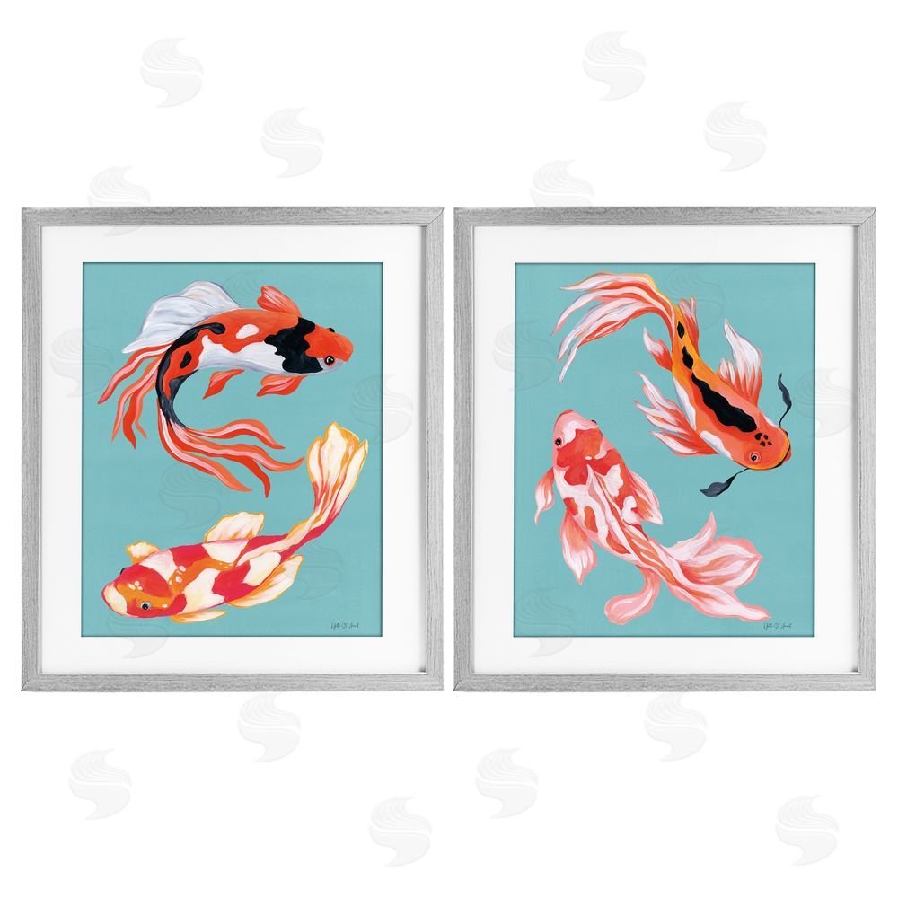 Yvette St. Amant Colorful Twin Koi Gray Framed Print Under Glass Wall Art