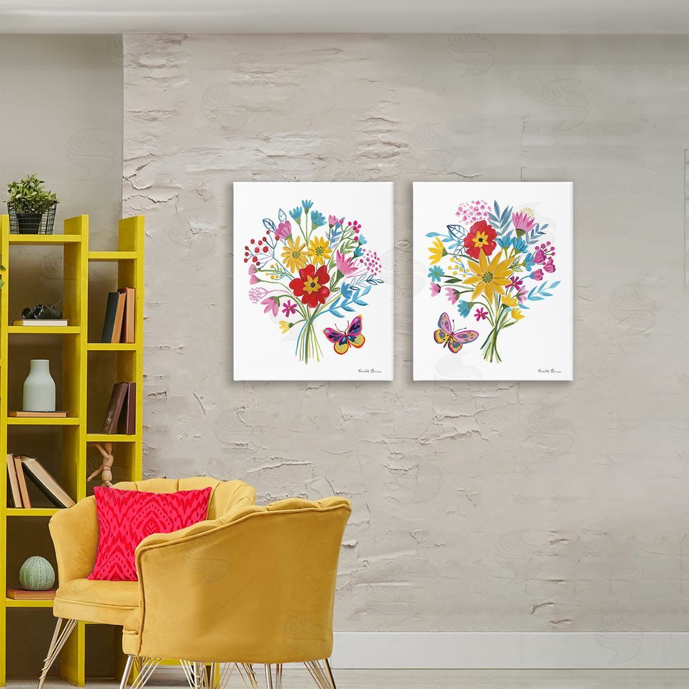 Farida Zaman Butterfly Bouquets of Spring Sprigs Stretched Cavas Wall Art Set in Room