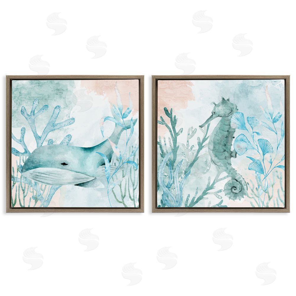 Kim Allen Whale & Seahorse Sea Swim Brown Floating Frame Canvas Wall Art Print