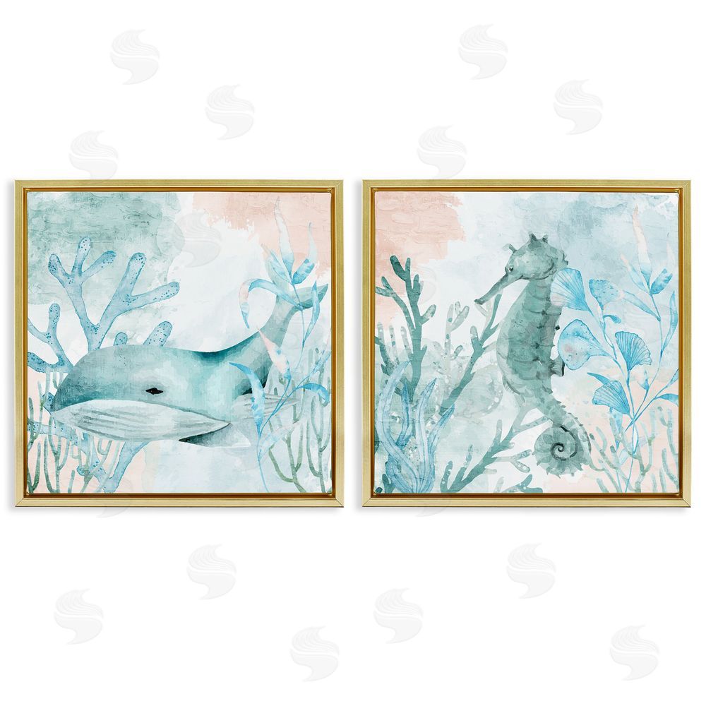 Kim Allen Whale & Seahorse Sea Swim Gold Floating Frame Canvas Wall Art Print