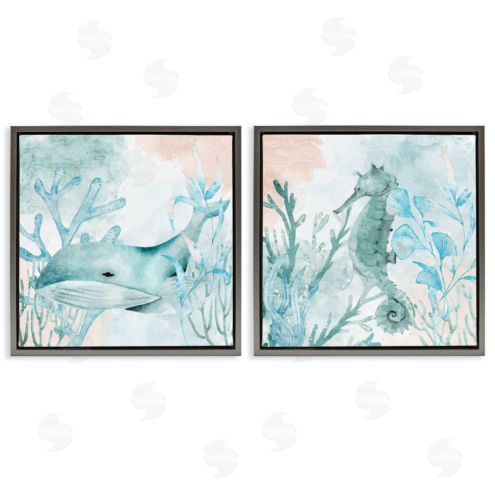 Kim Allen Whale & Seahorse Sea Swim Gray Floating Frame Canvas Wall Art Print