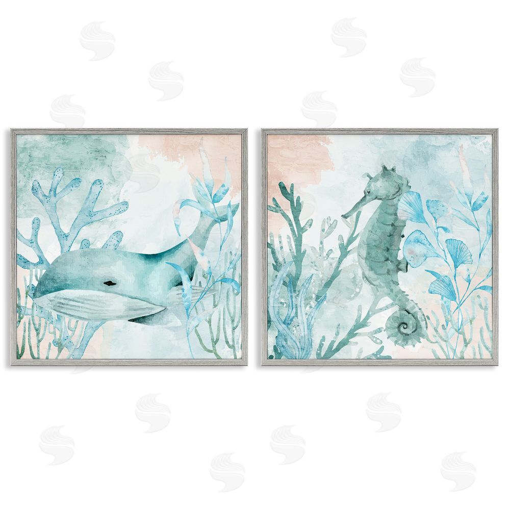 Kim Allen Whale & Seahorse Sea Swim Gray Framed Giclee Wall Art Print