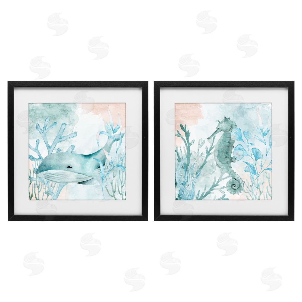 Kim Allen Whale & Seahorse Sea Swim Black Framed Print Under Glass Wall Art